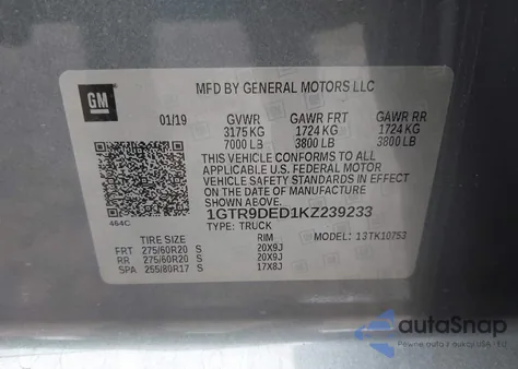 2019 GMC Sierra 1500 Slt from USA, damaged, VIN 1GTR9DED1KZ239233